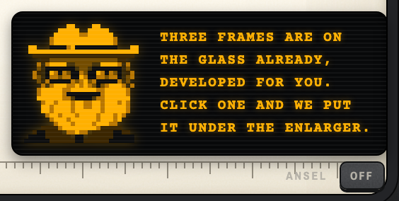 Ansel on his amber monitor, mid sentence, with the OFF key on the bezel