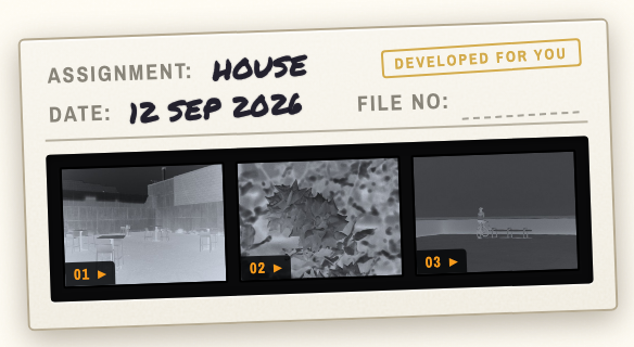 The house roll on a fresh bench: a three frame contact sheet stamped DEVELOPED FOR YOU, above the open film drawer