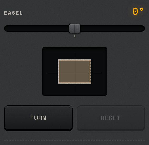 The EASEL module: the rotation slider detented at zero, the baseboard plan with the paper square under the beam, and TURN and RESET below