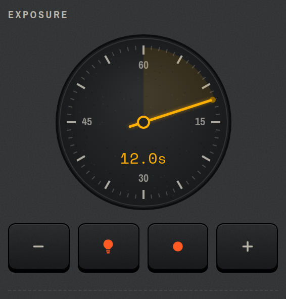 The EXPOSURE window: the timer dial set to 12 seconds over the focometer key row