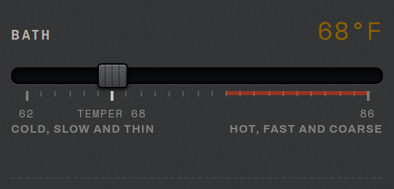 The BATH fader seated on the TEMPER mark at 68 F, with the danger band printed in safelight red toward the hot end